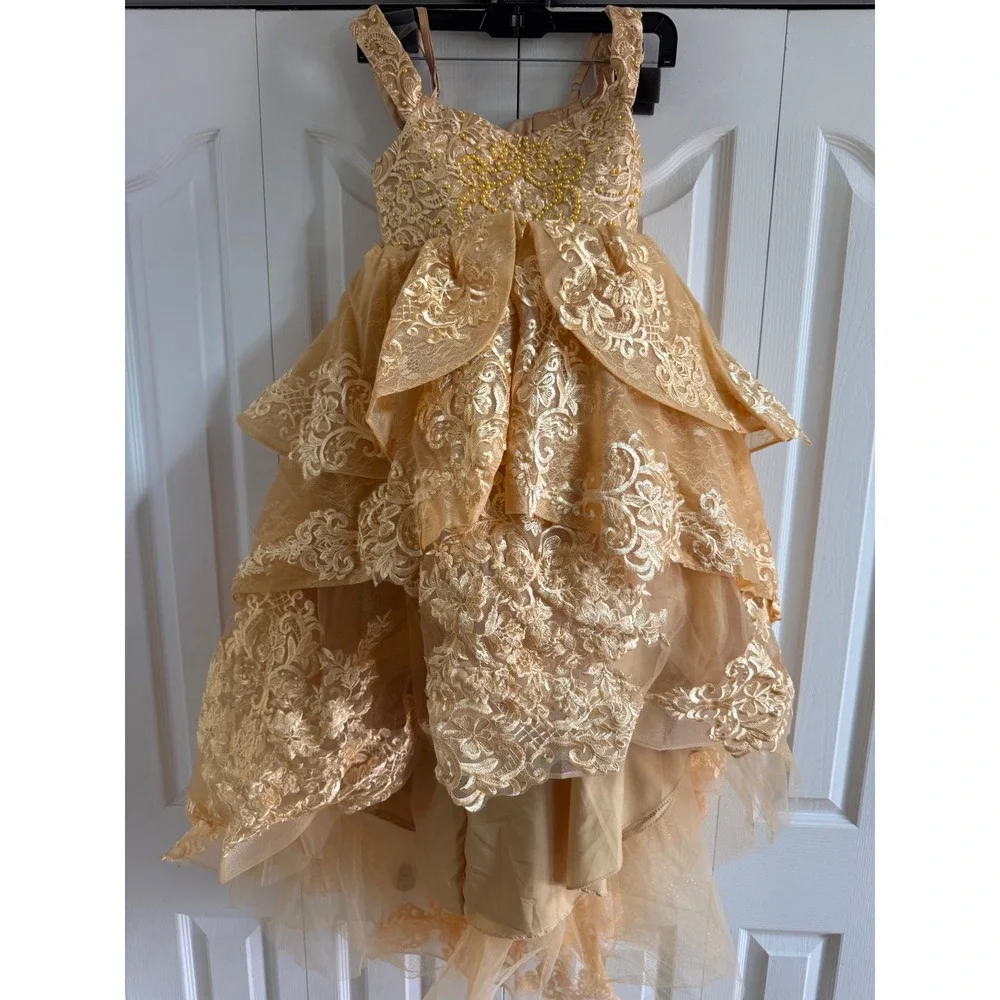Girls Gold Lace Pageant Dress High Low Flower Girl Gown‎ Beaded Tulle Size 8-10